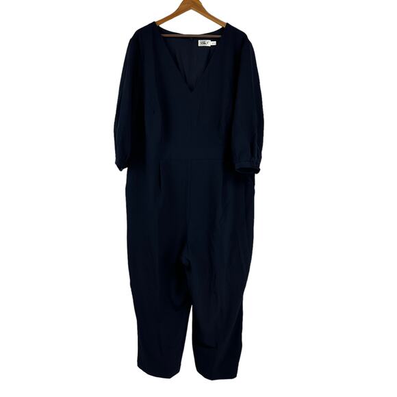 Eliza J NWT Bubble Sleeve Crepe Jumpsuit Navy Size 22W Straight Leg Pleated - Picture 2 of 9